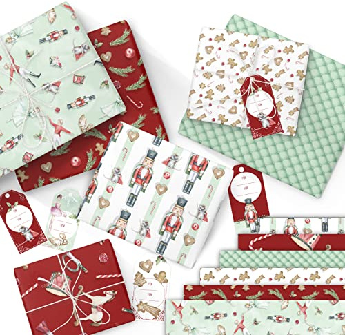 Papierdrachen 6 Bögen Weihnachts Geschenkpapier 60x40cm bedruckt - 6 verschiedene Designs hochwertig auf 100g/m² Papier und 12 Geschenkanhänger (5x10cm) - Motiv Nussknacker Set 12