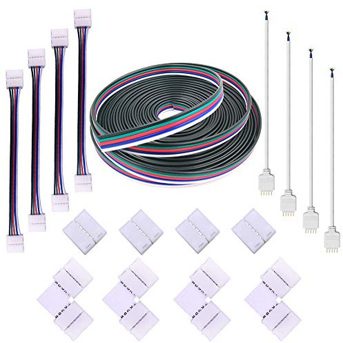 FSJEE 5 Polig LED Strip Verbinder Kit mit 5 Meter Verlängerungskabel,Strip to Strip Drahtverbinder,LED Eckverbinder,Lückenloser für RGBW LED Streifen 5 Polig 12mm
