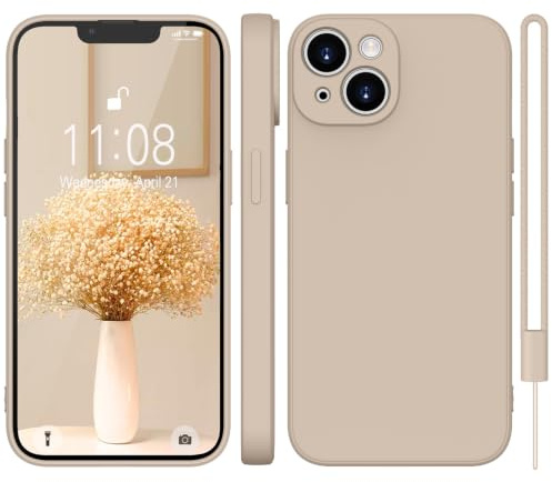 KPPIT for iPhone 14 Protective Case Silicone,Khaki | With phone lanyard,Microfiber Lining,ltra Slim Soft Gel Anti-Scratch