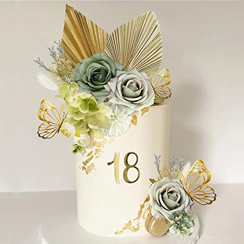 Boho Cake Topper Palm Leaves Dusty Green Flowers Butterflies Cake Decorations for Bohemian Wedding Baby Shower Birthday Party Supplies