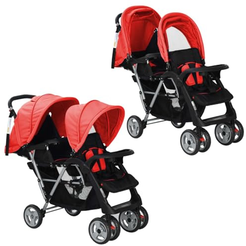 Geschwisterwagen, JUNZAI Geschwisterbabywagen, babywagen, Geschwisterwagen, babywagen Zwillinge, Doppelbabywagen, Zwillingsbuggy, Stahl Rot und Schwarz