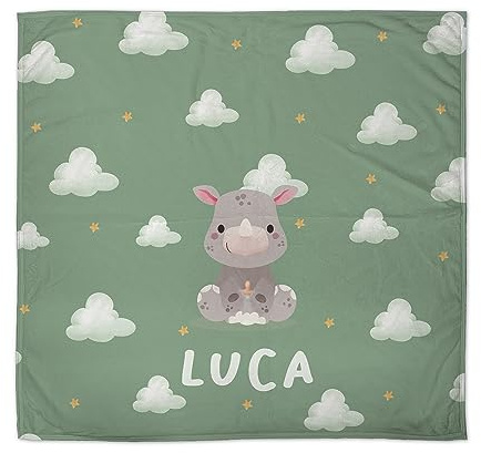 LolaPix Manta bebé recién Nacido. Manta bebé Personalizada. Manta Personalizada con Nombre. Regalo bebé Personalizado. Tejido Polar. Diferentes diseños. Rino Nubes