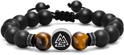 Herren Armband Perlenarmband Wikinger Schmuck - 10mm Schwarz Echt Onyx Steine Tigerauge Perlen Armbänder mit Silber Valknut Charme Elastische Naturstein Stein Viking Bracelet Geschenke für Männer