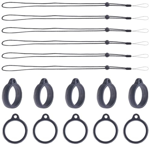 GORGECRAFT 42PCS Ensemble de Lanière de Collier Anti-Perte Noir Comprenant 6PCS Support de Corde de Sangle de Pendentif Anti-Perte avec 36PCS Anneaux en Caoutchouc de Silicone pour Porte-Clés, 16mm