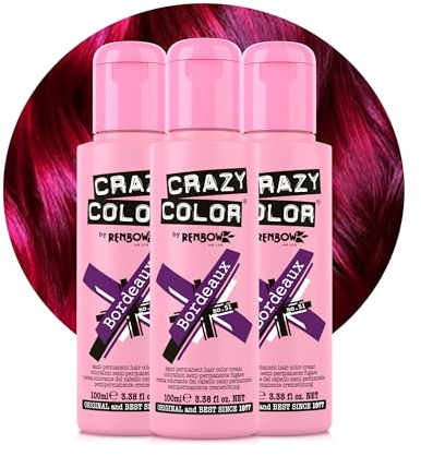 Crazy Color Bordeaux Red Hair Dye Trio 300ml | Vibrant Semi Permanent, Highly Pigmented Conditioning & Oil Nourishing Vegan Formula | No Bleach or Ammonia