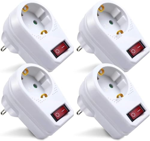 EXTRASTAR 1 Fach Steckdose mit Schalter, 4 Stück - Steckdosenleiste Weiß, Steckerleiste Max.3500W, Zwischenstecker