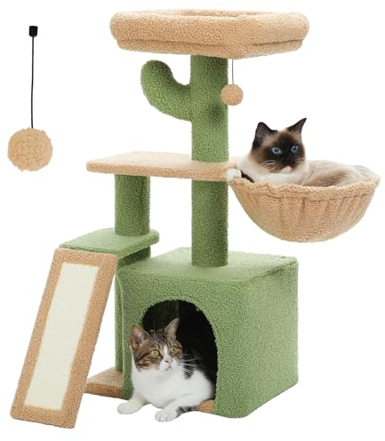 PAWZ Road Cactus Cat Tree With Scratching Pad and Hammock Cat Tower With Condo, Small Cat Tower Comfy Basket For Indoor Cats, 80cm Green