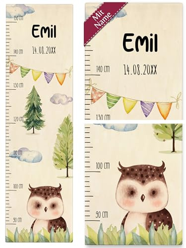 Kind Holz - Messlatte niedliche Eule Babymesslatte Eulen Kindermotiv süßes Eulenmotiv I Owl mit Namen und Datum - 90-150 cm - Holz - kinder