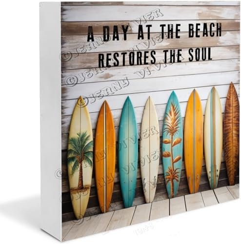 Surfbrett A Day At The Beach Restores The Soul, Holz-Schild, Surfgeschenk, lustiges Kaffee-Dekor, Regal-Dekoration für Küche, Tisch, Tischdekoration, 17,8 x 17,8 cm