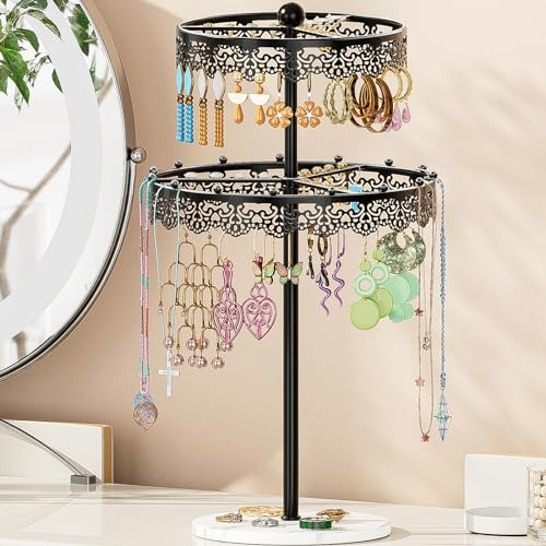 EKNITEY Schmuck-Ohrring-Halter, Organizer – drehbarer Ohrringbaum mit 250 Löchern für Ohrringe und 15 Halsketten zum Aufhängen von Perlen (Black)