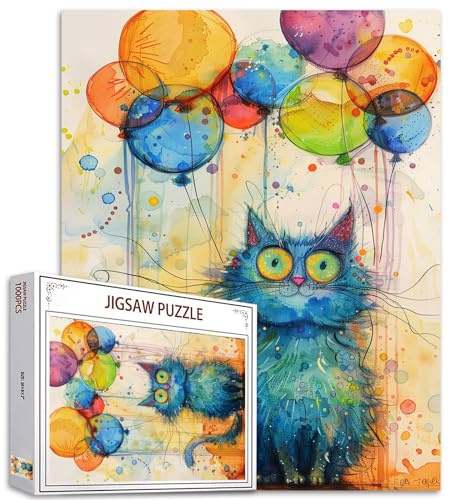 Tucocoo 1000-teiliges Puzzle für Erwachsene, abstrakte Blaue Katze, Malerei, Puzzle, Bunte Luftballons, 1000 Teile, Puzzles für anspruchsvolle Familienaktivitäten, Aquarellkunst, DIY-Puzzle