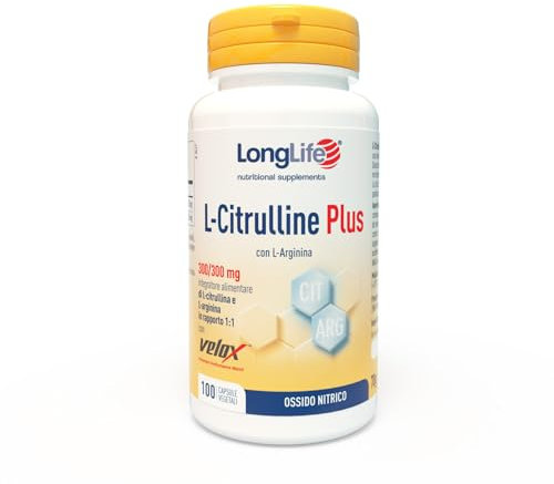 LongLife® L-Citrulline Plus | con L citrullina e L arginina rapporto 1:1 | Ossido nitrico | Energia per lo sport | Mix brevettato Velox™ | 100 capsule vegetali | Senza glutine e vegano