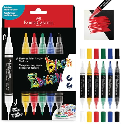 Faber-Castell 285507 Black Edition Shake & Paint Marqueurs Acryliques, Ensemble de 6 marqueurs couleurs de base, Double pointe 3mm & 1mm, Imperméables, Marqueurs acryliques multi-surfaces pour adultes