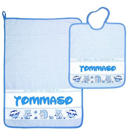Bubabù SET ASILO PERSONALIZZATO CON NOME composto da 2 pezzi: bavaglino spugna con elastico cm.28x33, asciugamano cm.40x55 con fascia Cotone 100% Made in Italy - CONSEGNA TEMPESTIVA (BOSCO AZZURRO)