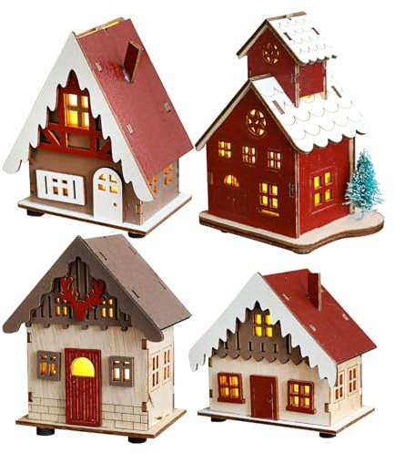 Weihnachtsdeko Holz Lichthäuser, Weihnachtsdorf mit Beleuchtung, 4 Stück Holz Weihnachtshäuser mit LED Licht, Hängend Weihnachtshaus Beleuchtet für Weihnachtsdeko Innen, Winter Hüttenlandschaft (E)