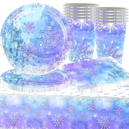 Stoviglie per Feste Fiocco di Neve, 41Pz-Stoviglie per Feste sulla Neve, Forniture per Feste Invernali, Stoviglie per Capodanno, Feste, Compleanni, Picnic, Matrimoni (10 Ospiti)