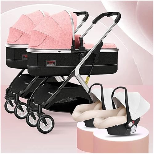 Tandem Doppel-Kinderwagen für Säugling und Kleinkind, faltbarer Zwillingskinderwagen mit hoher Landschaft, Stoßdämpfung, verstellbarer Rückenlehne und Zubehör, Braun/Rosa