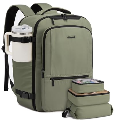 LOVEVOOK 40L Handgepäck Rucksack, Groß Reiserucksack Flugzeug Herren Damen 17 Zoll Laptop Rucksack, Wasserdicht Travel Backpack mit 3 Packing Cubes, Kofferrucksack Tasche für Arbeit Camping, Grün