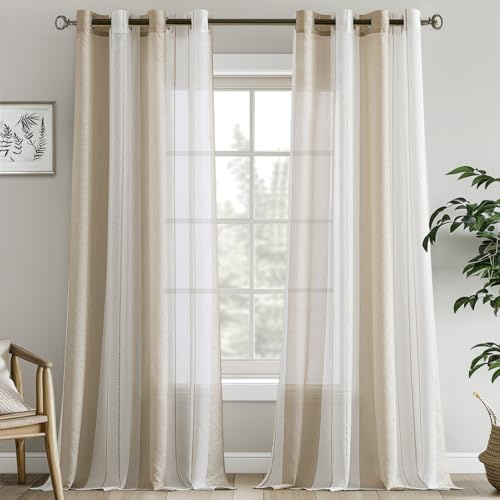 EMEMA Tende a righe trasparenti con occhielli Tende in voile Soggiorno moderno Set di 2 tende Camera da letto Trasparente con motivo Tenda a righe semitrasparente 140 x 270cm Bianco Beige
