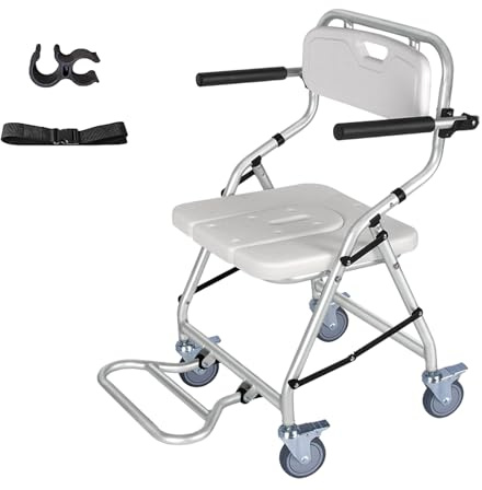 Toilettenstuhl Toilettenstuhl für Senioren mit Rollen Toilettenstuhl Faltbar Toilettenrollstuhl Clean Dusch und Toilettenrollstuhl Duschhocker Bis 150 kg Rollstuhl mit Duschhalterung Sicherheitsgurt