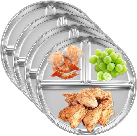 BORDEAG 4 platos infantiles de acero inoxidable con división, 23 cm, platos de control de porciones, platos divididos, platos de acero inoxidable para frutas, verduras, aperitivos