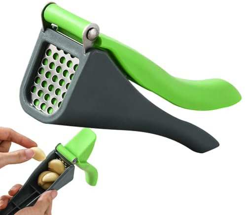 Garlic Press, Heavy Duty Manual Potato Chopper, Vegetable Prep and Chopping Tool, Multifunctional Hand-Held Detachable Garlic Crusher, Kitchen Gadget for Home Use, Gray Green
