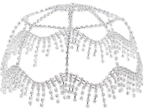 PLIGREAT Copricapo a rete con strass vintage anni '20, catena per capelli in argento, copricapo Gatsby, da donna, per feste di nozze, accessorio per capelli con strass