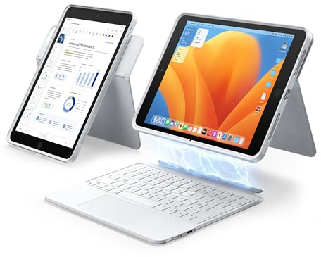HOU Étui Clavier 360° Rotatif et Amovible pour iPad 7e/8e/9e gén | Support réglable,portrait/paysage,porte-stylet,pavé tactile multipoint,rétroéclairage 7 couleurs,protection totale,Blanc