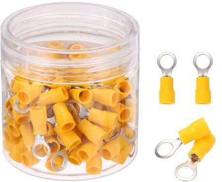sourcing map 100 terminali ad anello isolati RVS2-5, capicorda per batteria, 16-14 AWG, terminali elettrici a crimpare, connettori per cavi industriali, elettrici, colore giallo