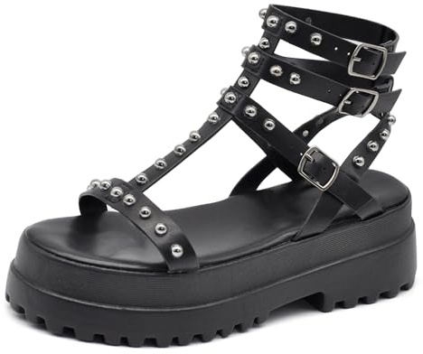 IF Fashion Scarpe Sandali Gladiatore Stivali Estivi da Donna Con Platform Borchie Pelle Sintetica JJ-146 nero N.40
