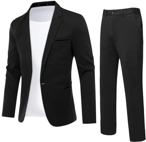 YFFUSHI Traje Hombre 2 Piezas Slim Fit 1 Botón Clásico para Ceremonia Boda Negocios Chaqueta y Pantalón, Negro, XL