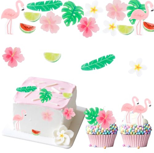 ENLACE Essbare Flamingo Tortendeko Hawaii, 75 Stück Sommer Blumen Cupcake Deko, Essbare Blumen für Torte, Hibiskus Zitrone Wassermelone Blätter Tortendeko für Geburtstag,Hochzeit, Poolparty Deko