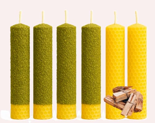 YA- DECOREGALOS Kit de 6 Velas de Cera de Abeja, 10 cm, 2 con Ruda, 2 con Laurel, 2 Puras, + 2 Palos Santos XL ESPECIAL LIMPIEZA DE ENERGIAS ATRACCIÓN Y PROTECCIÓN