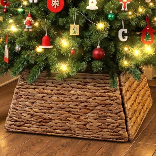 Lanpn Naturel Rotin Collier Sapin Noël 43 cm, Carré Housse de Décorative Cache Base Pied Jupe de Sapin de Noel Vannerie Decorations Christmas Tree Collar pour Petit Mini Arbres Artificiels (Original)