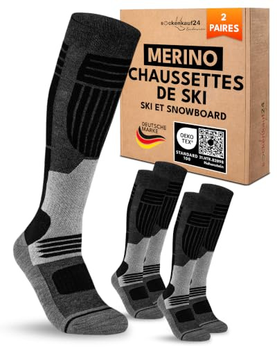 sockenkauf24 Chaussettes de Ski Homme Laine Merinos 47-50 Noir 2 Paires