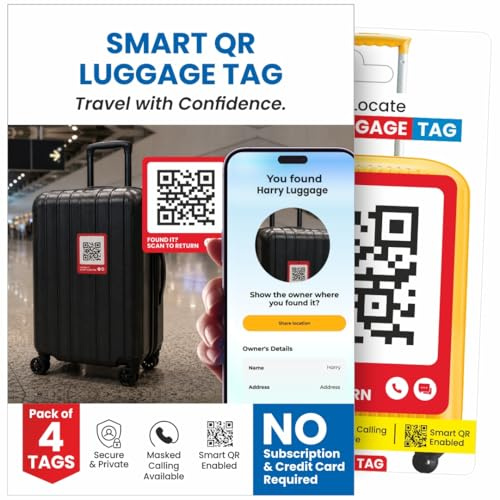 Letstrack 4Pcs Luggage Smart QR Tag | Real-time Scan Instant Alerts | Lost & Found Waterproof Label for Laptop Bags, Suitcase, Backpack | Masked Private Calling SOS Location Alert for iOS & Android