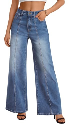 Trendy Queen Women's Wide Leg Baggy Jeans - High Waisted Relaxed Fit Pants, Super Soft Stretch Denim with Front Seam Blue 10