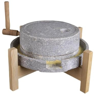 Natural Stone Grain Mill - Handmade Old Hand Grinder with Wooden Frame for Dry/Wet Milling Grains, Beans, Barley, and Spices