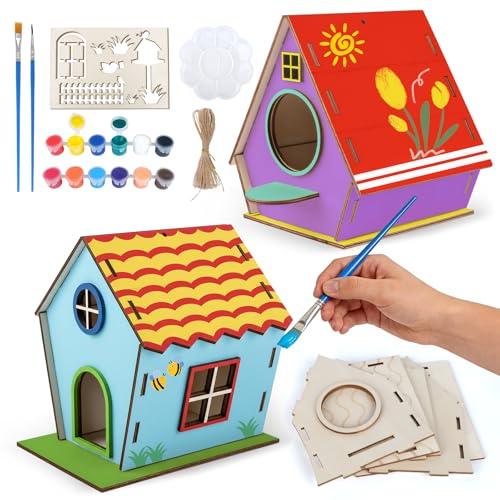 HOLDLEAF Kit casetta per uccelli per bambini, set fai da te in legno da 2 pezzi, da costruire e dipingere, kit fai da te per bambine, bambini e neonati
