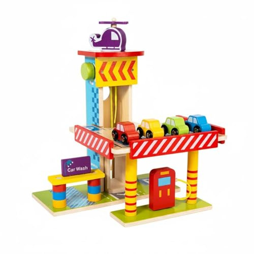 kowaku Children Parking Game Wooden Toy Car Garage Vehicle Playset Manual Elevator Structure Multi Level Adventure Suitable for Kids Playroom Educational Learning, M-small Parking Lot