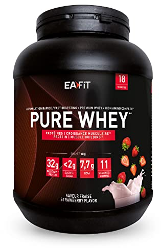 EAFIT Proteine in Polvere Whey 750 g Gusto Fragola |32 g per Shaker Proteine | Whey Protein Concentrate e Isolate, BCAA + L-Glutammina + Taurina, Integratore per Massa Muscolare, 11 Vitamine