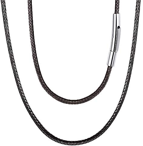 FOCALOOK 55CM Halskette Mode Kunstleder Collier Wachsschnur Kette 2mm breit Schwarz Geflochten Lederkette Gothic Lederband mit Edelstahl Verschluss für Männer Frauen Jungen Mädchen