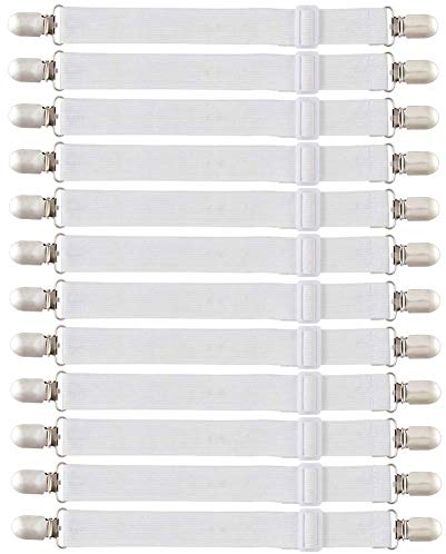 Yontree 12 Stück Bettlakenspanner Elastische Betttuchspanner Verstellbare Spannbettlakenhalter Weiß Lakenspanner mit Metallclips für Bettlaken, Matratze, Bügelbrett oder Sofa