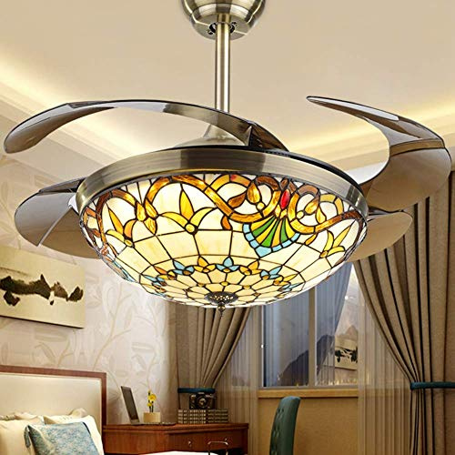Tiffany Ceiling Fan with Light, Metal Ceiling Chandelier 42in LED Remote Control Ceiling Light with Retractable Blade Dimmable Lighting Fan,Opaque Blades