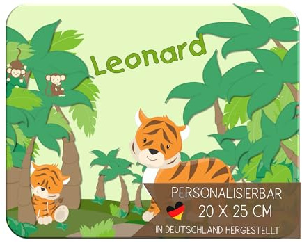 CreaDesign Personalisiertes Kinder Frühstücksbrett mit Namen, 20x25cm, rutschfestes Schneidebrett aus Kunststoff, Safari-Löwe Design, spülmaschinen & mikrowellengeeignet, Schneidbrett für Kinder