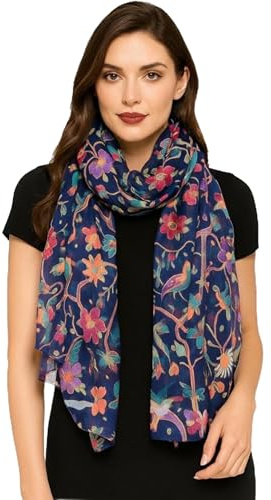 World of Shawls Winter Christmas Robin Bird Print Girls Lady Women Colorful Long Cute Scarf Wraps Shawl Soft Scarves Maxi (Multi Colour Birds Navy Blue)