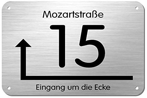 Edelstahl Hausnummernschild mit Pfeil * Modell 15 Eingang um die Ecke | moderne Hausnummer in zeitlosem Design, Namensschild, Hinweisschild mit Pfeil