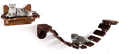 COSTWAY Kletterwand Katzen, 2 in 1 Katzenbrücke und Katzenliege, Katzenhängematte Wand Set, Hängebrücke Katzentreppe, Katzenbett Wandliege Hängematte, Katzenmöbel für Katze bis 10 kg, Braun
