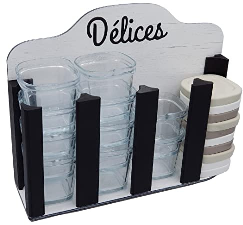 Support Rangement 12 Pots et couvercle pour yaourtière Seb Multidélices Express en Bois Noir et Blanc/Idéal pour la cuisine