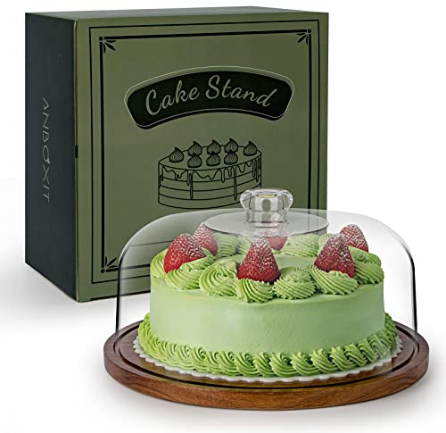 ANBOXIT Soporte Para Tartas con Tapa, Porta Tartas Madera de Acacia con Acrilico Cupula, Pedestal Soporte de Tarta con Tapa, Expositor Tartas (Plano)